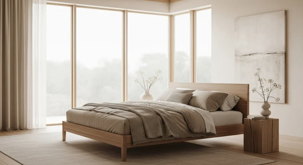 Warm minimalist master bedroom with beige tones, natural wood furniture, soft linen bedding, and gentle daylight
