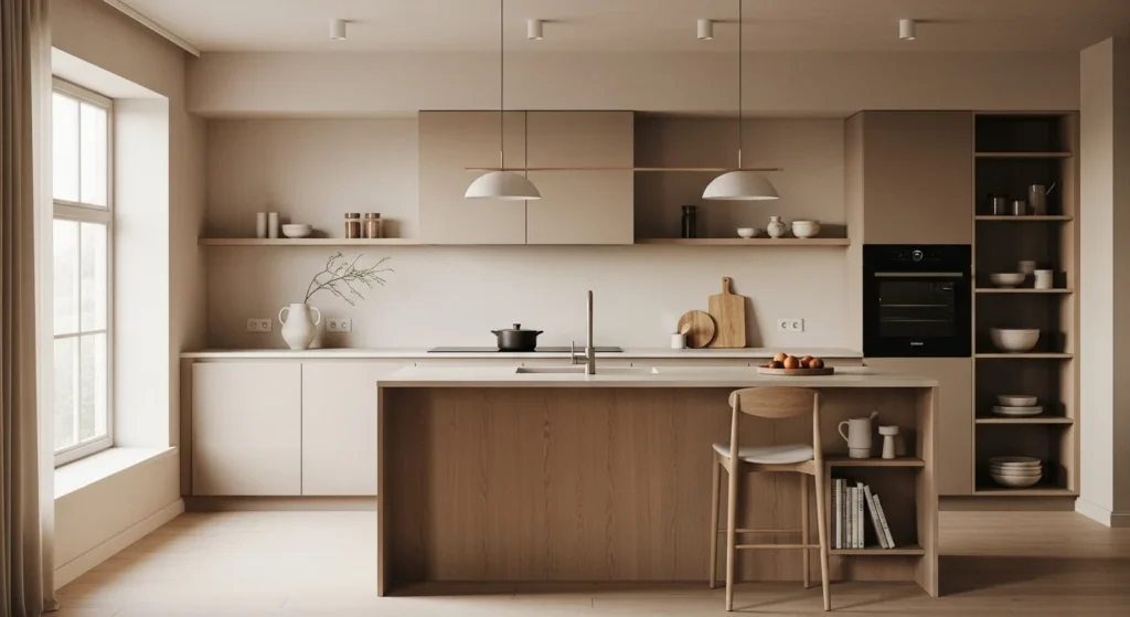 Warm minimalist kitchen with beige cabinets, light wood accents, handleless storage, and soft natural daylight