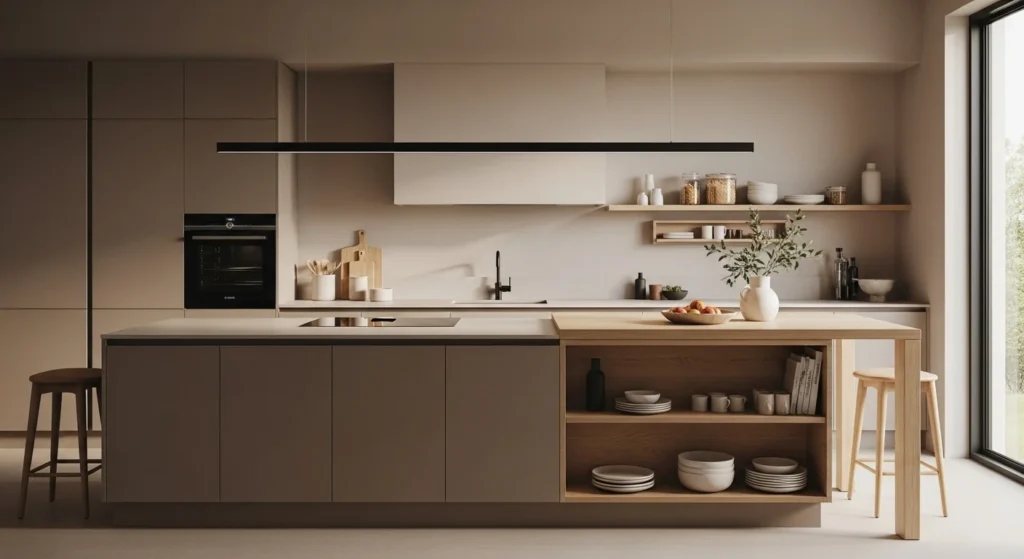 Warm modern minimalist kitchen with beige cabinets, light wood accents, clean lines, and soft natural daylight