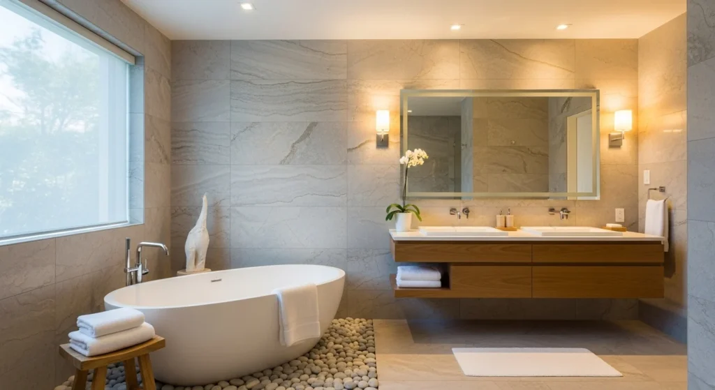 Spa-inspired bathroom with soft neutral tones, freestanding bathtub, natural stone textures, and warm ambient lighting