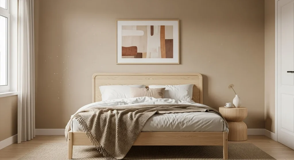 Small warm minimalist bedroom with beige walls, light wood furniture, simple decor, and soft natural daylight