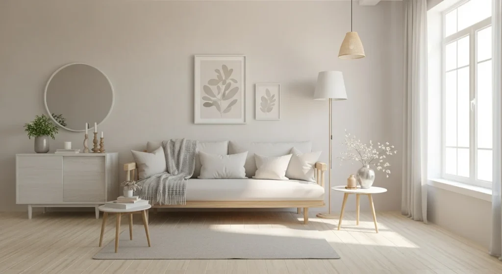 Warm white minimalist living room with off-white walls, simple sofa, light wood accents, and soft natural daylight