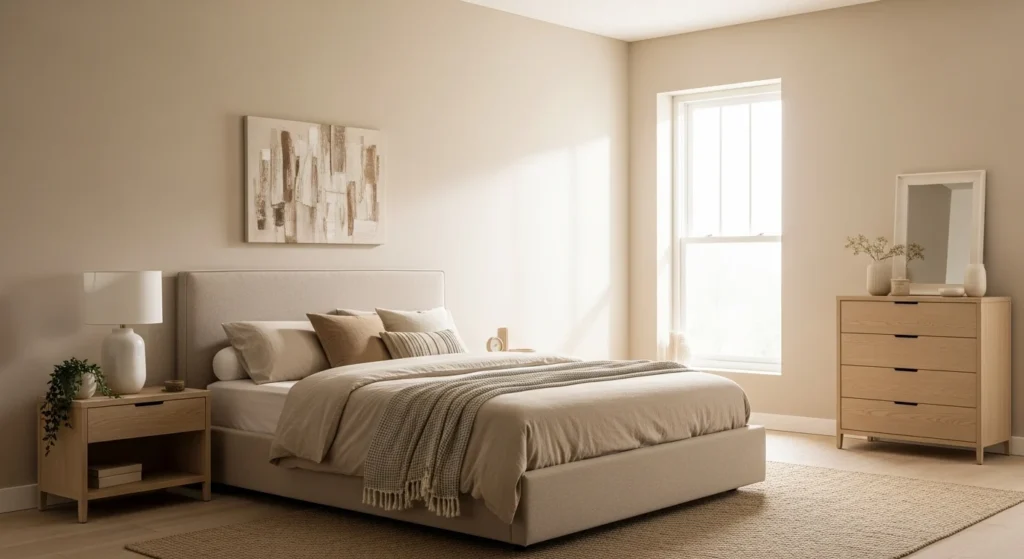 Warm beige minimalist bedroom with simple furniture, soft linen bedding, and natural daylight