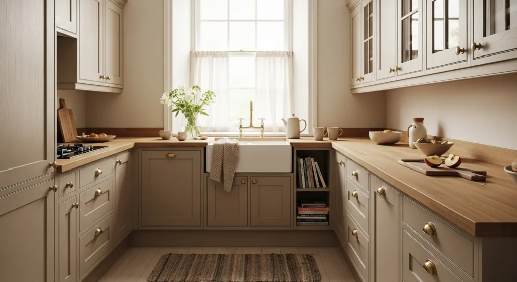 Cozy kitchen designed with warm beige cabinets, soft neutral walls, wooden countertops, and gentle natural light