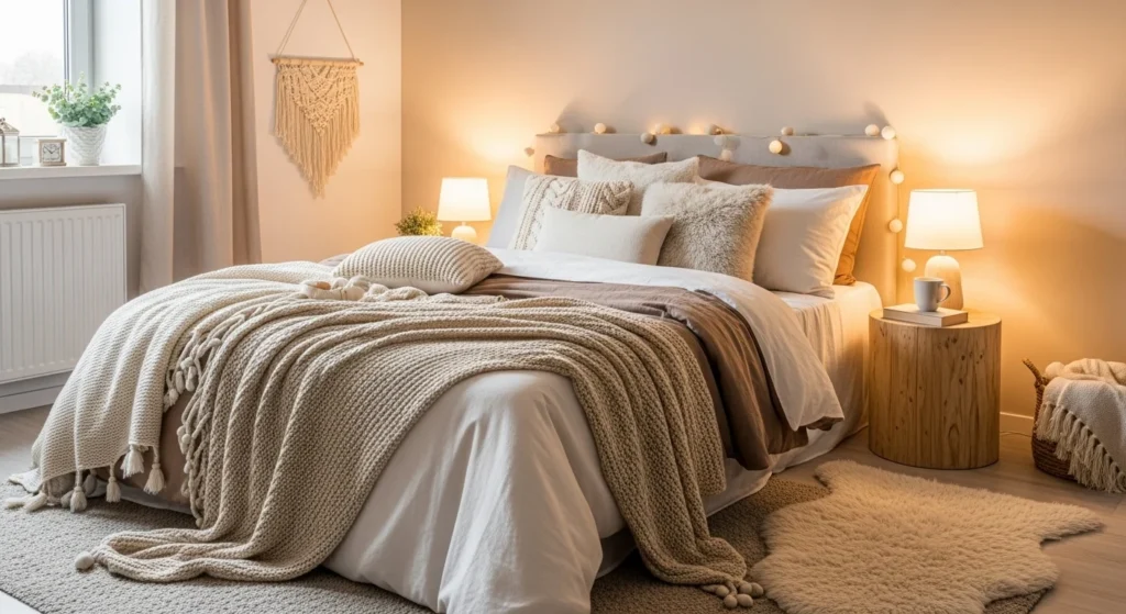 Cozy girls bedroom designed in soft neutral tones with layered bedding, warm lighting, and a calm modern feel