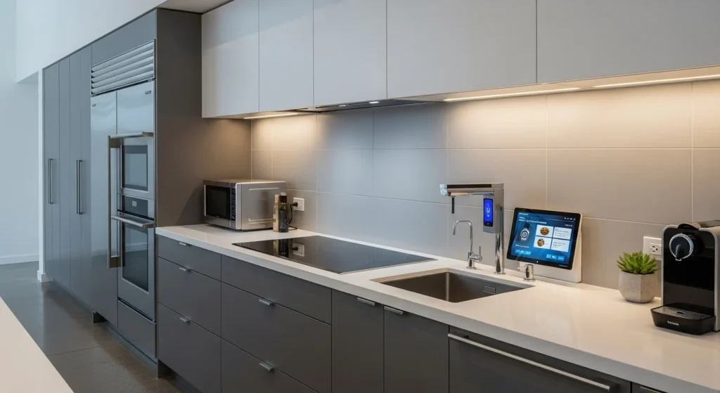 Smart kitchen with built-in appliances hidden within sleek modern cabinetry
