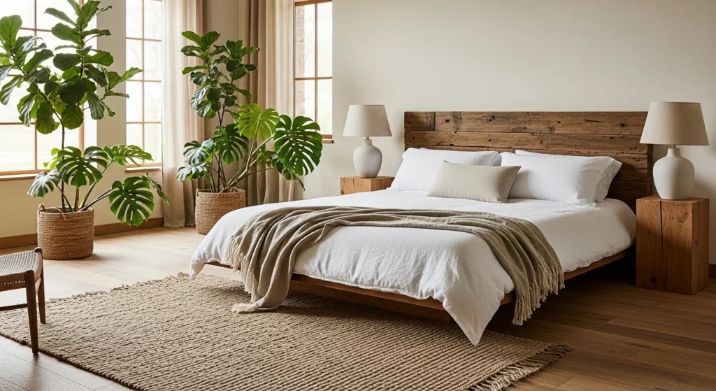 Luxury bedroom with natural wood accents, linen bedding, indoor plants, and soft natural daylight