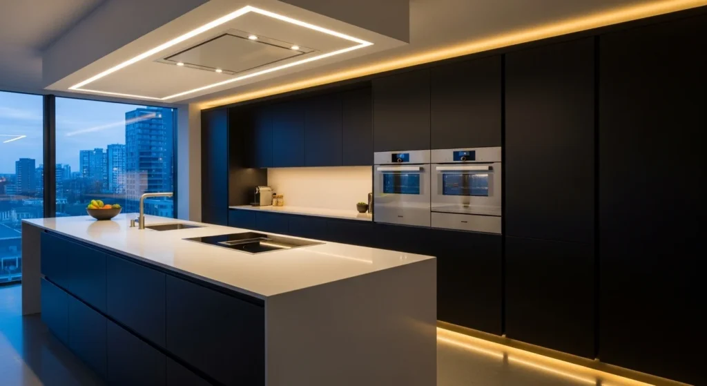 Smart modern kitchen featuring built-in appliances, sleek cabinetry, and a high-tech minimalist design