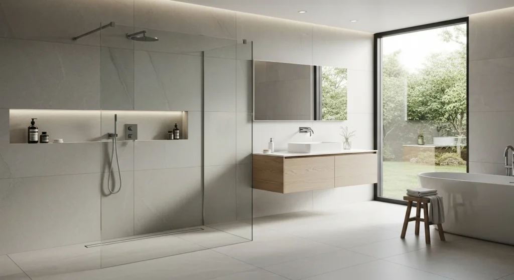 Modern bathroom featuring a walk-in shower with frameless glass and large-format tiles
