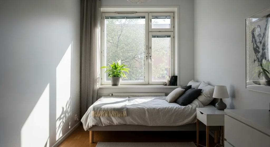 Small bedroom with the bed placed under a window, creating a cozy and space-saving layout 