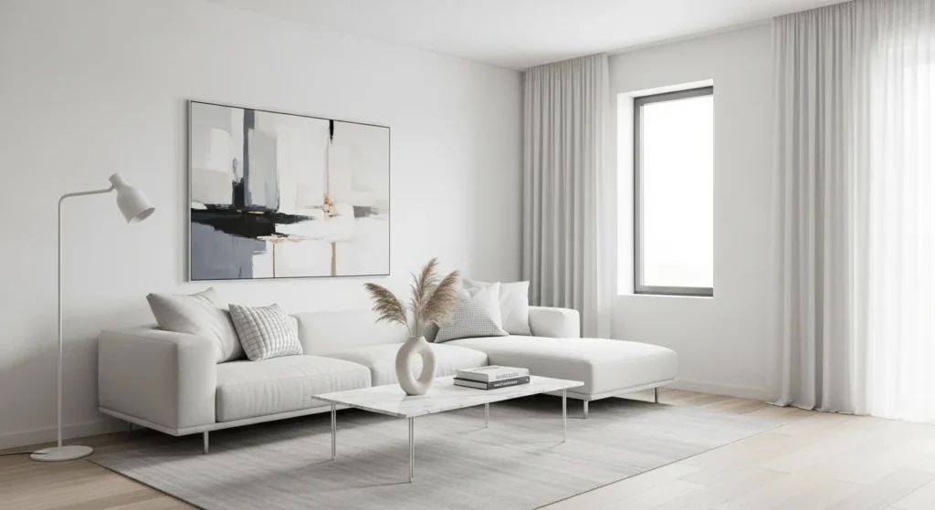 White living room with minimal decor, clean surfaces, and a calm modern aesthetic