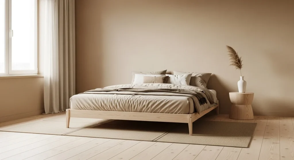 Japandi-style neutral bedroom with low bed, light wood elements, and calming beige tones