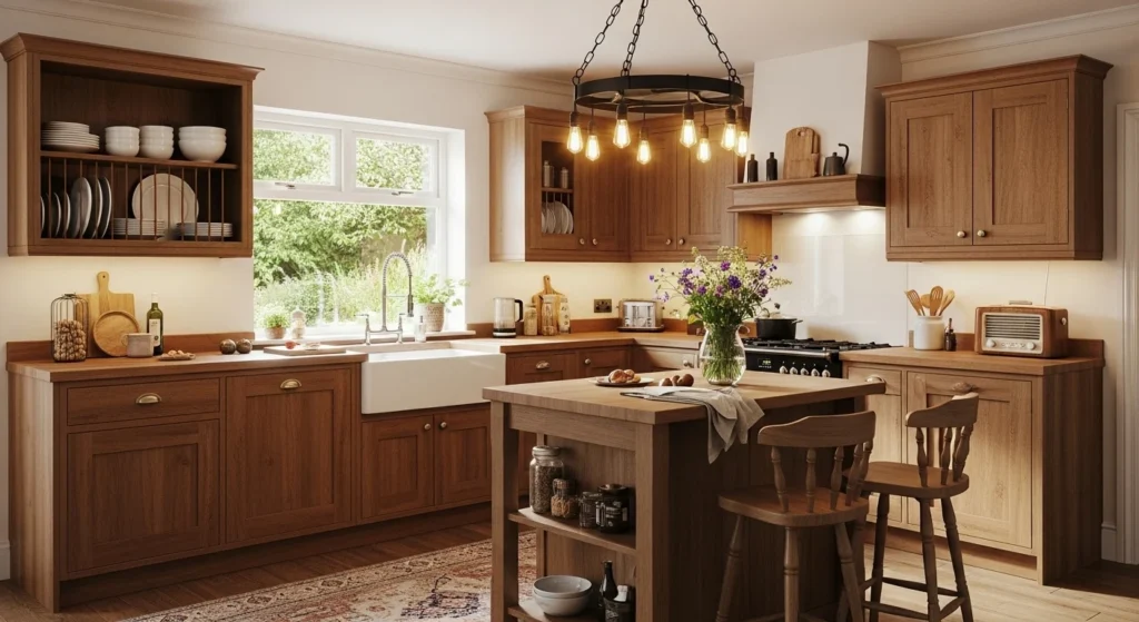 Cozy kitchen featuring vintage lighting elements, warm cabinetry, and a charming modern-retro mix