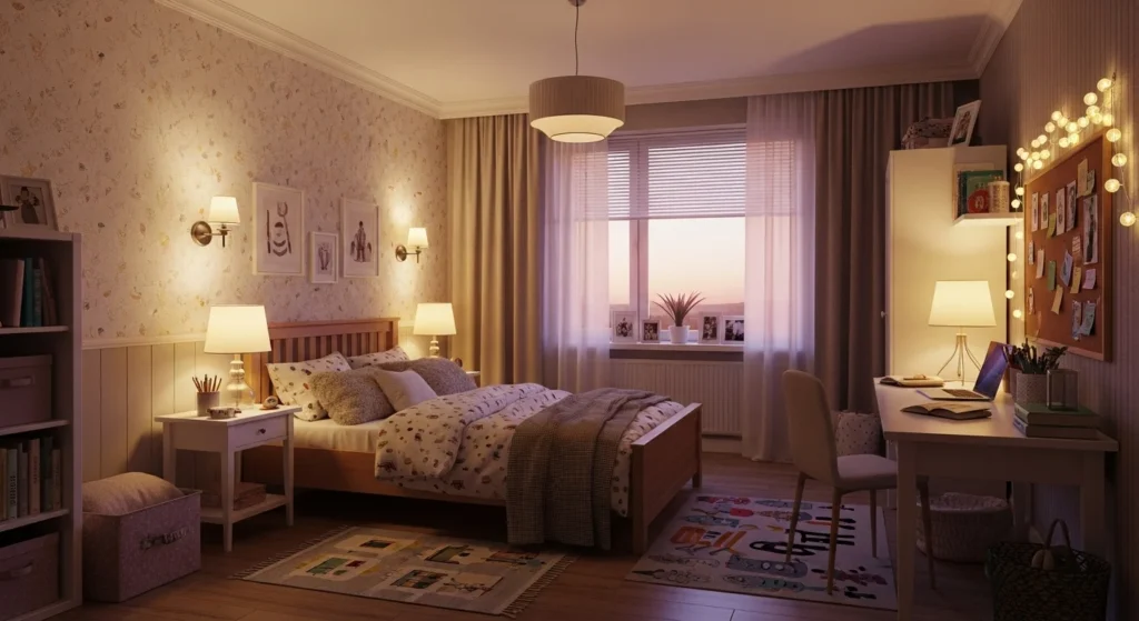 Girls bedroom with layered lighting including bedside lamps and soft ambient glow for a cozy mood