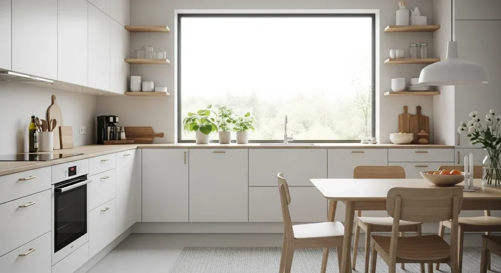 Scandinavian-style kitchen featuring white cabinets, light wood details, and bright natural light
