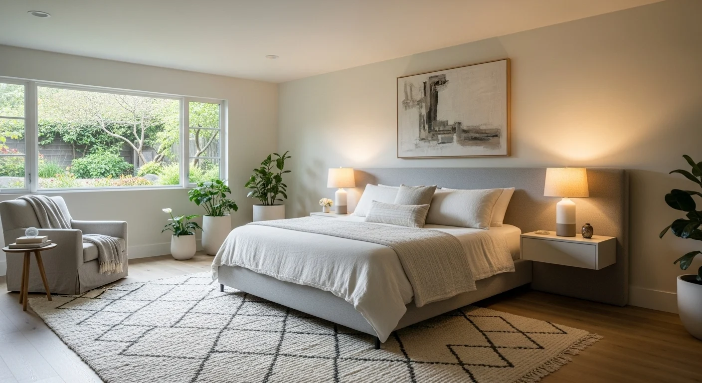 Neutral bedroom ideas for 2026 homes featuring soft beige tones, layered textures, modern furniture, and a calm, elegant interior design