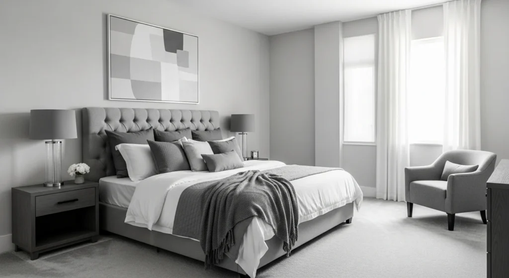 Minimalist luxury bedroom designed in soft grey tones with clean lines and refined styling
