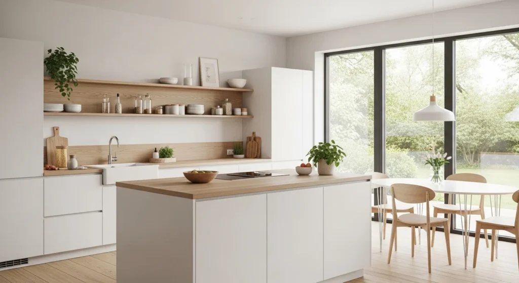 Scandinavian-style modern kitchen with white cabinets, light wood accents, and bright natural light