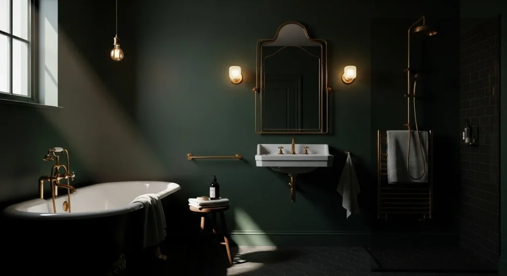 Dark moody bathroom with deep green walls, brass fixtures, and low ambient lighting