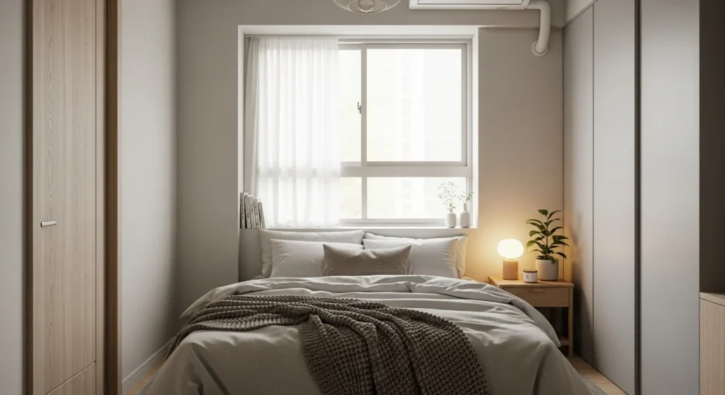 mall bedroom layered with soft neutral tones, textured bedding, and warm lighting