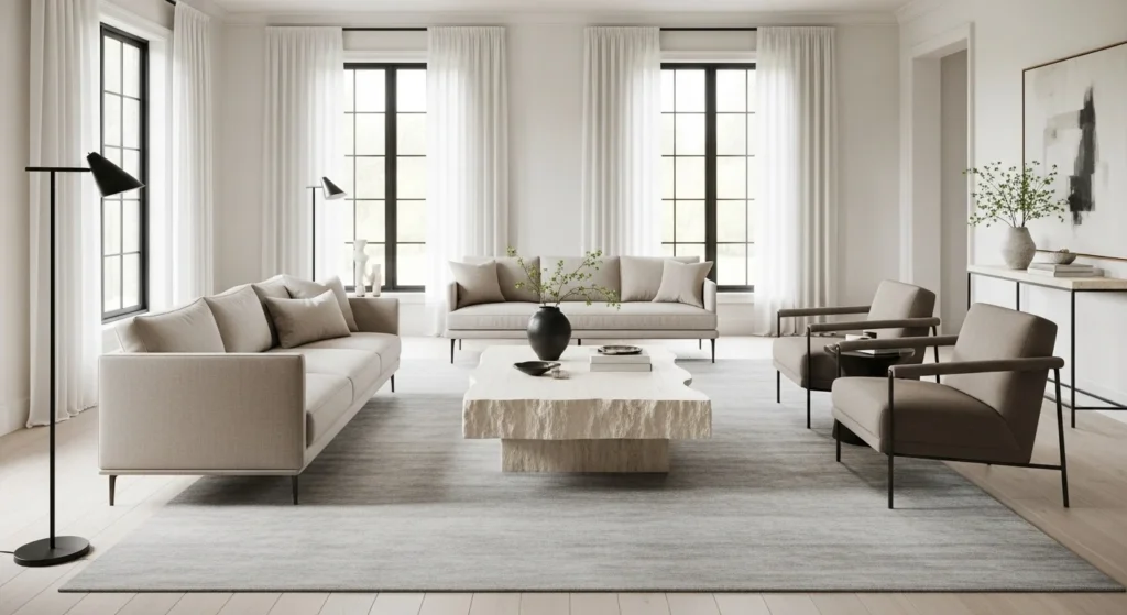 White living room featuring a natural stone coffee table and refined modern styling