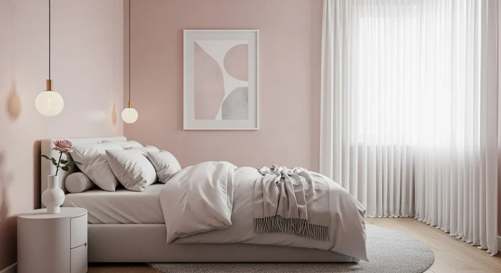 Modern girls bedroom with soft blush pink walls, neutral bedding, and elegant minimalist decor