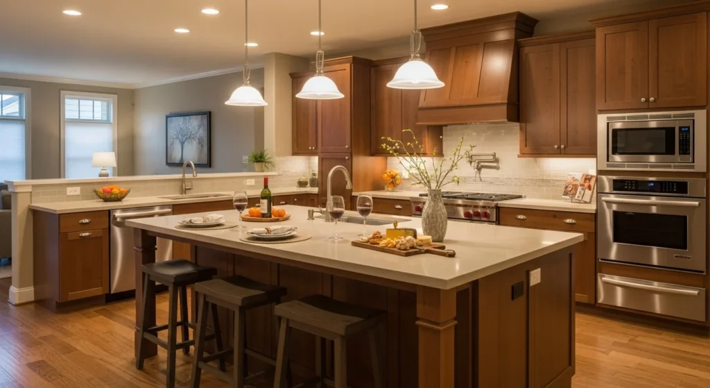 Open kitchen designed for socializing with a large island, seating, and warm inviting atmosphere