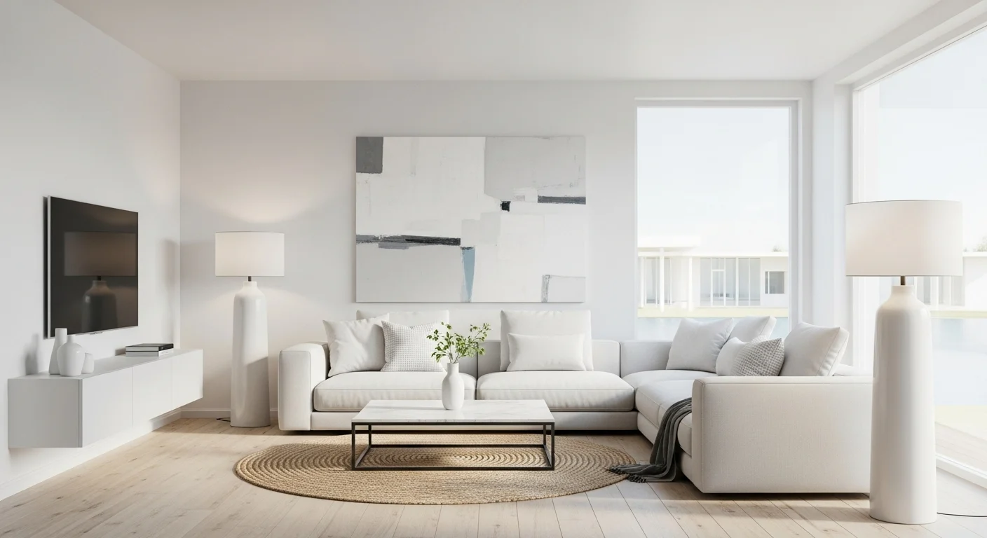 White living room ideas for 2026 featuring a clean aesthetic, minimalist furniture, bright neutral tones, and modern interior design