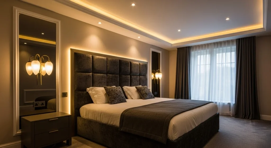 Master bedroom featuring wall sconces, hidden LED lighting, and a warm atmospheric glow
