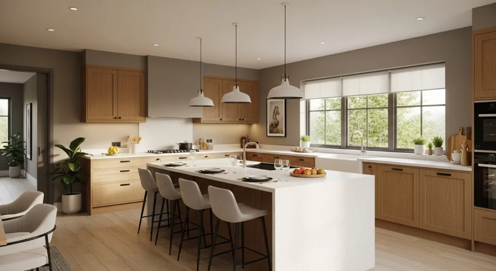 Open modern kitchen with a large island and seating designed for socializing and gatherings