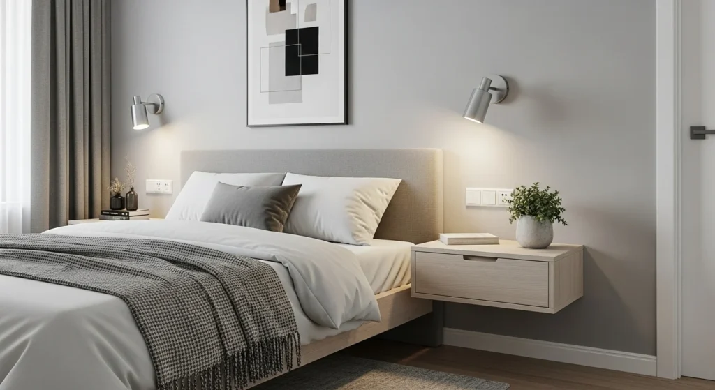 mall bedroom with wall-mounted lighting and floating nightstand to save space