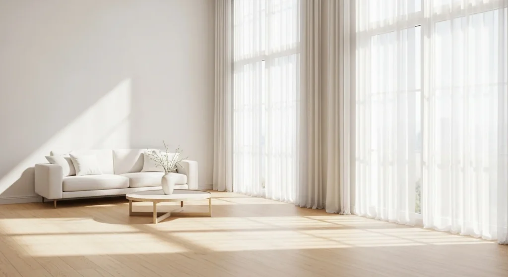 Bright white living room with large windows, sheer curtains, and abundant natural light 