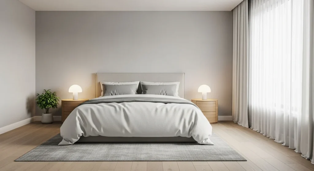 Neutral bedroom with minimal decor, clean surfaces, and a calm modern aesthetic