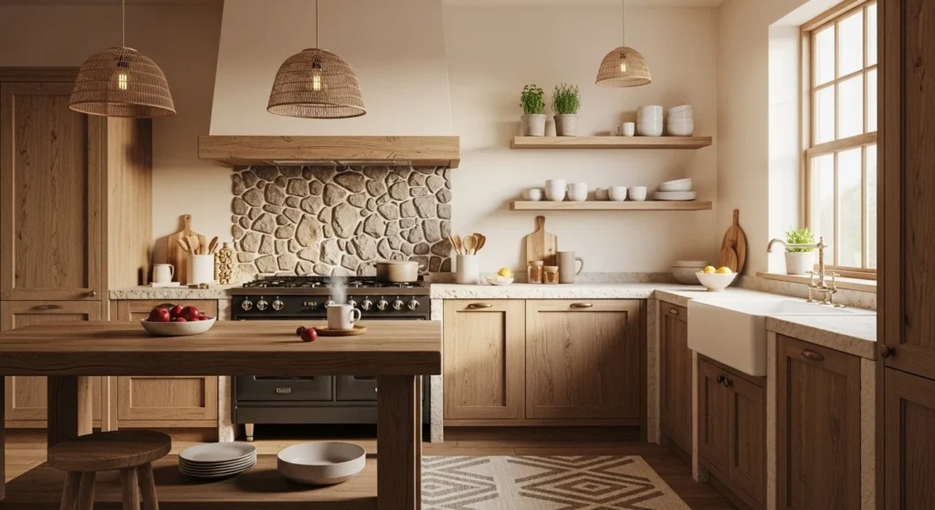 Cozy kitchen combining wood, stone, ceramics, and soft textiles for a warm layered look