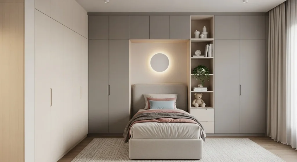 Girls bedroom with built-in storage cabinets, clean layout, and soft neutral color palette 