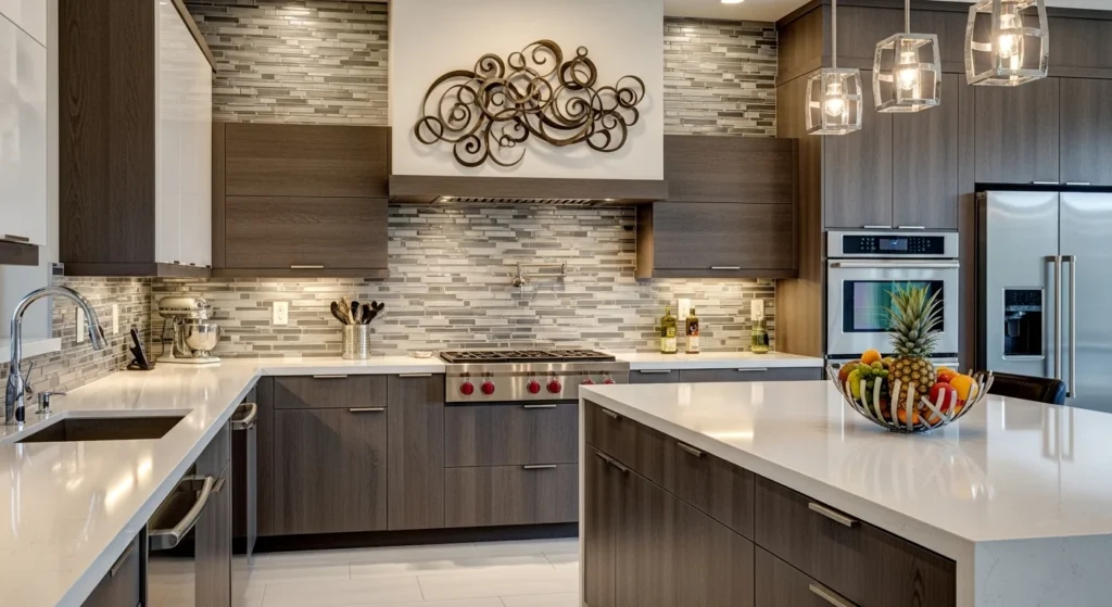 Kitchen featuring a textured tile backsplash paired with modern cabinetry and clean surfaces