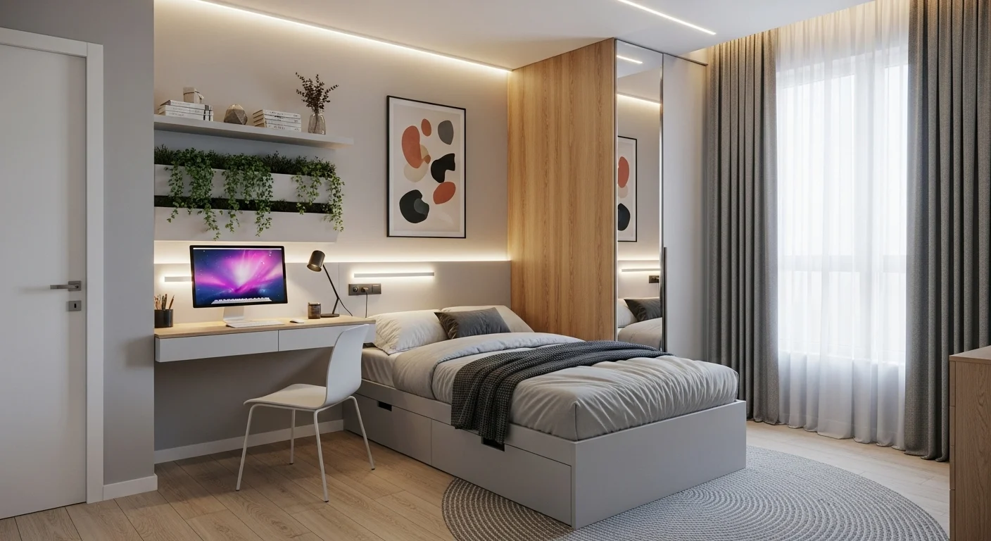 Small bedroom ideas for 2026 featuring smart layouts, space-saving furniture, neutral tones, and modern cozy interior design