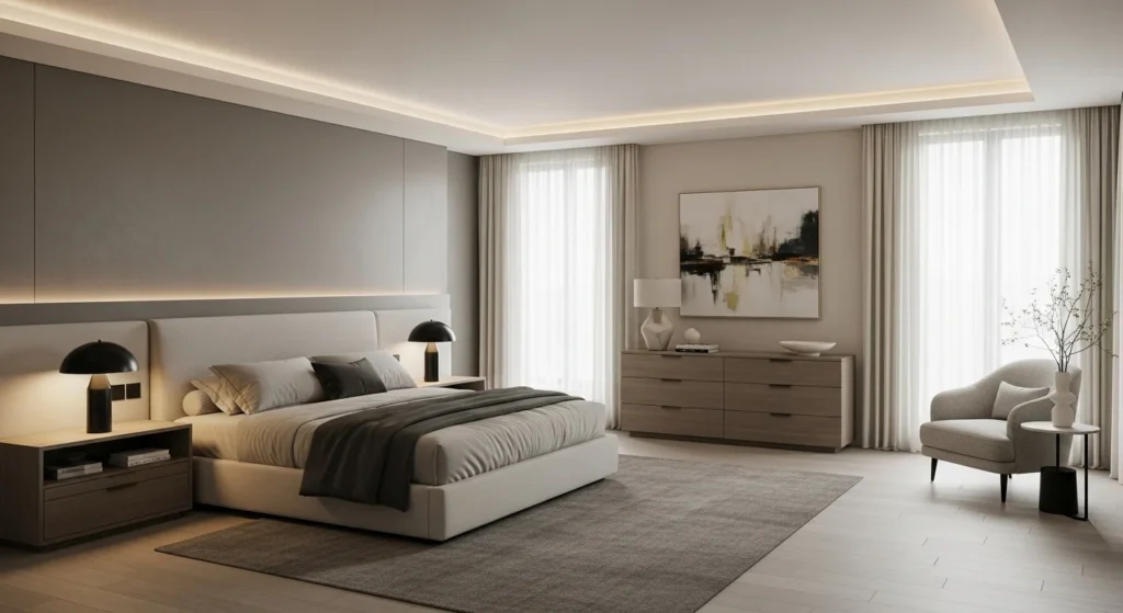 Contemporary master bedroom with modern furniture, neutral colors, clean lines, and elegant design
