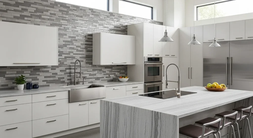 Modern kitchen featuring a textured tile backsplash paired with clean contemporary cabinetry