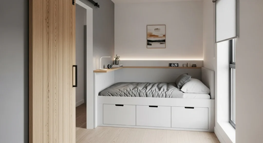 Small bedroom with a sliding door that improves flow and saves valuable floor space