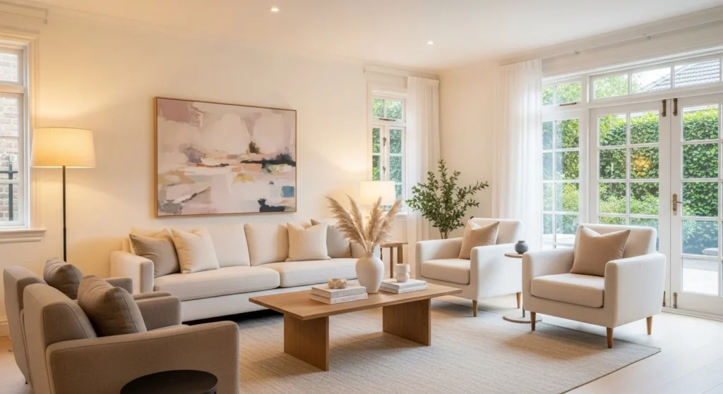 White living room with soft beige undertones, neutral furniture, and warm modern styling