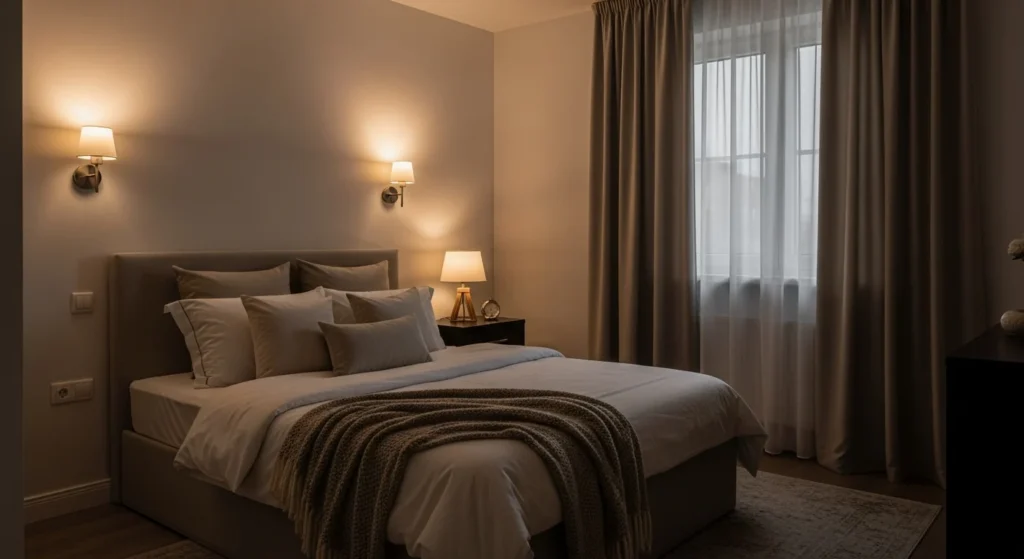 Neutral bedroom with wall sconces and warm layered lighting creating a cozy atmosphere