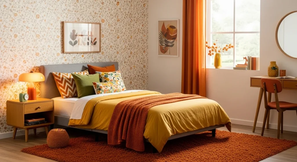 Vintage-modern girls bedroom with retro lighting, modern bed design, and warm cozy styling