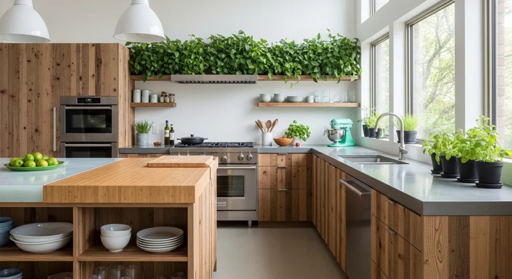 Eco-friendly kitchen with sustainable materials, natural textures, and modern design elements