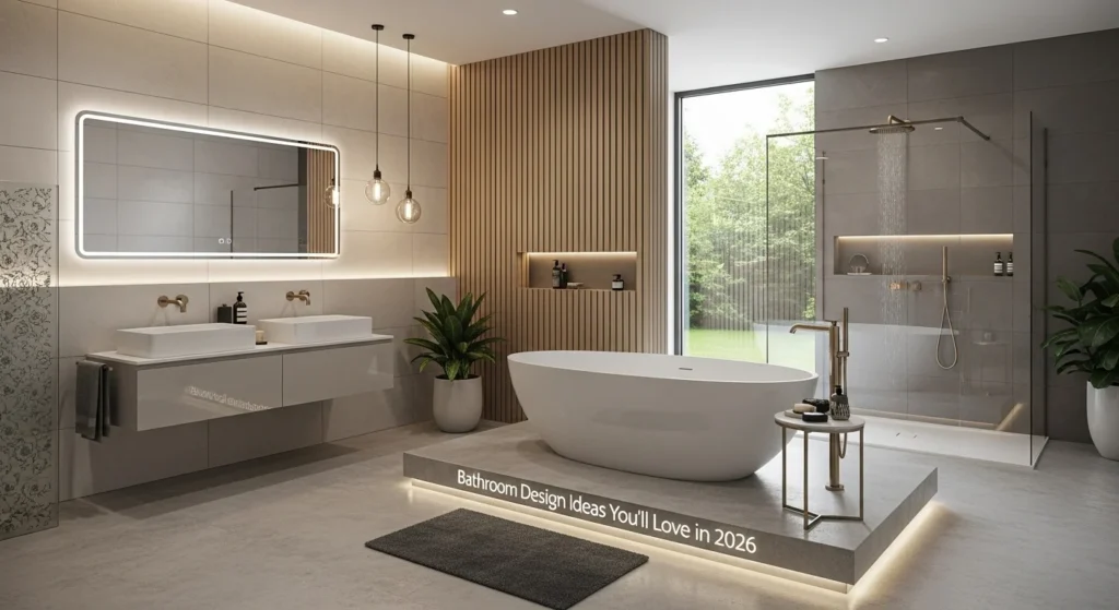 Bathroom design ideas for 2026 featuring modern fixtures, clean lines, neutral tones, and stylish contemporary interiors