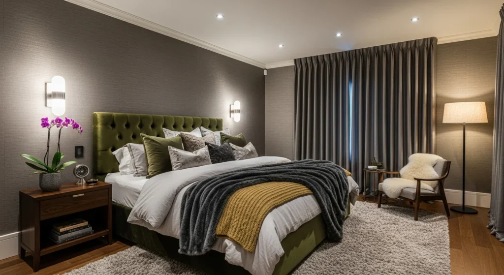Luxury bedroom highlighting textured walls, layered bedding, plush fabrics, and soft elegant lighting
