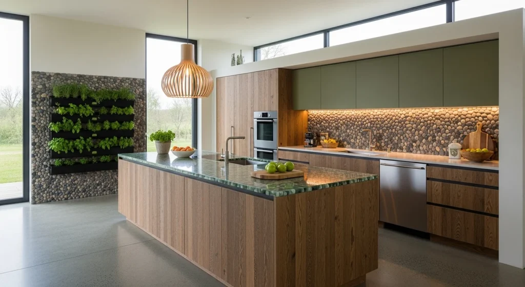 Eco-friendly modern kitchen designed with sustainable materials and natural textures