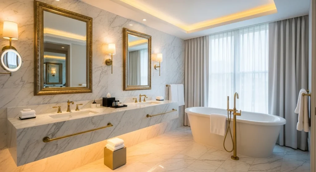 Hotel-style luxury bathroom with double vanity, marble surfaces, and warm lighting