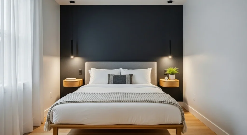 Small bedroom featuring a dark accent wall behind the bed for added depth and contrast