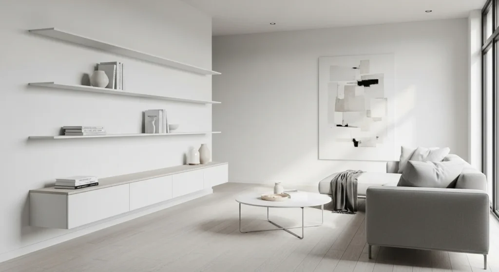 White living room featuring floating shelves and wall-mounted furniture for a clean look